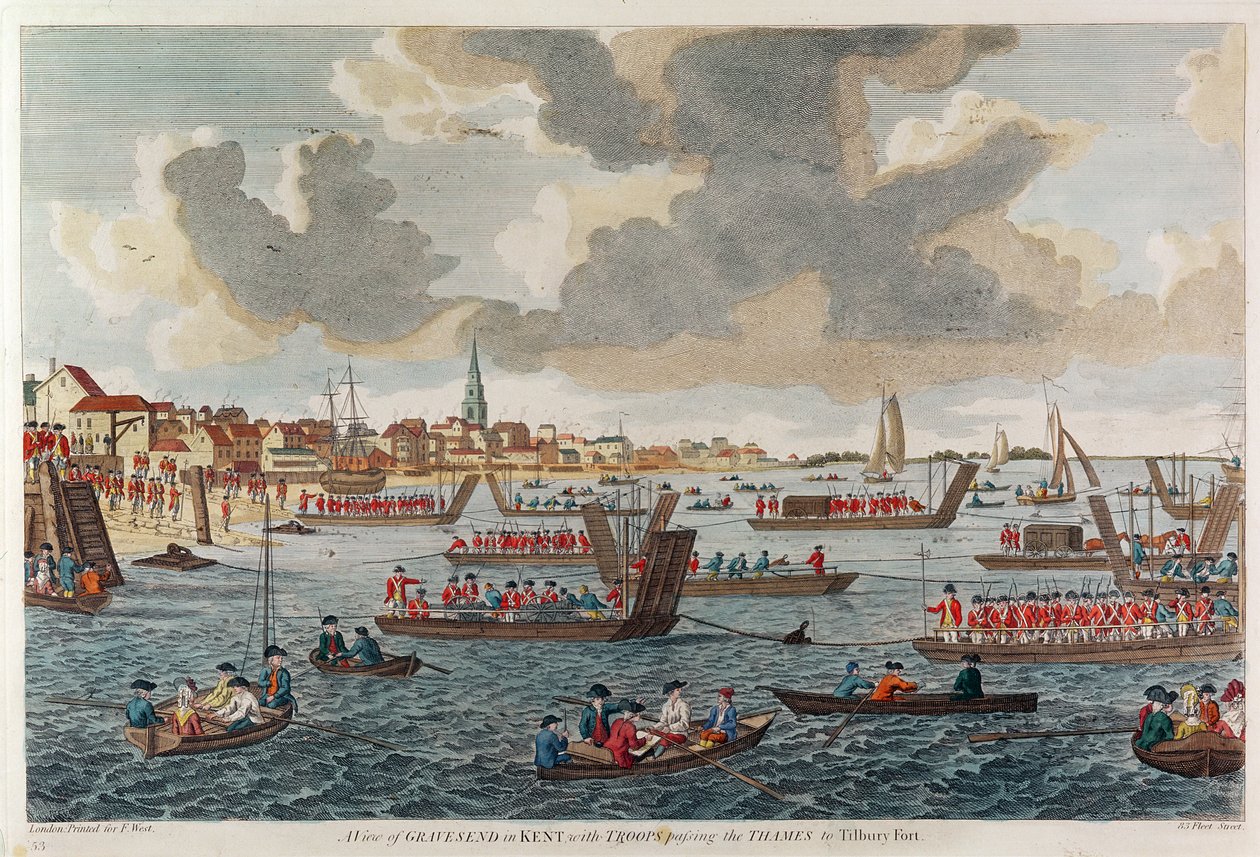 منظر لـ Gravesend مع عبور القوات نهر التايمز إلى Tilbury Fort بواسطة مدرسة اللغة الإنجليزية