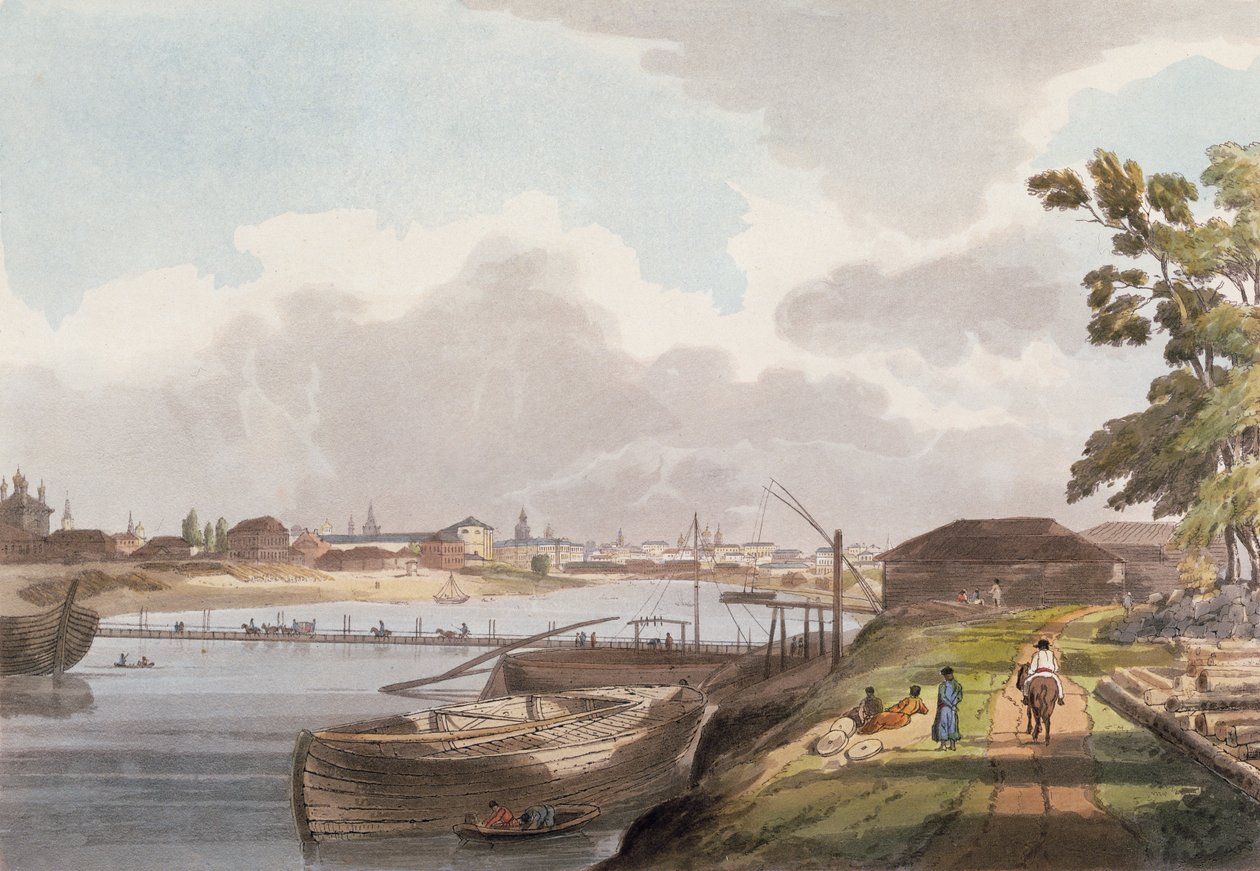 منظر لمدينة موسكو من ضفاف Mosqua وبالقرب من دير Spas na Novoi ، اللوحة 2 من Historical Sketch of Moscow ، حانة. بقلم رودولف أكرمان (1764-1834) 1813 (أكواتينت) بواسطة مدرسة اللغة الإنجليزية