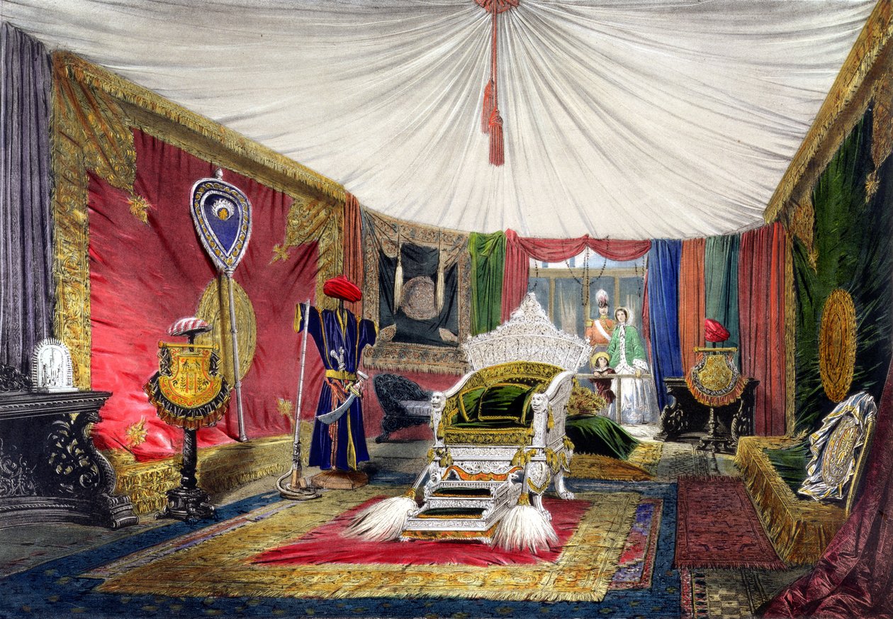 منظر لغرفة الخيام والعرش المنحوت بالعاج ، في قسم الهند من المعرض الكبير لعام 1851 ، من صور ديكنسون الشاملة (ليثو ملونة) بواسطة مدرسة اللغة الإنجليزية
