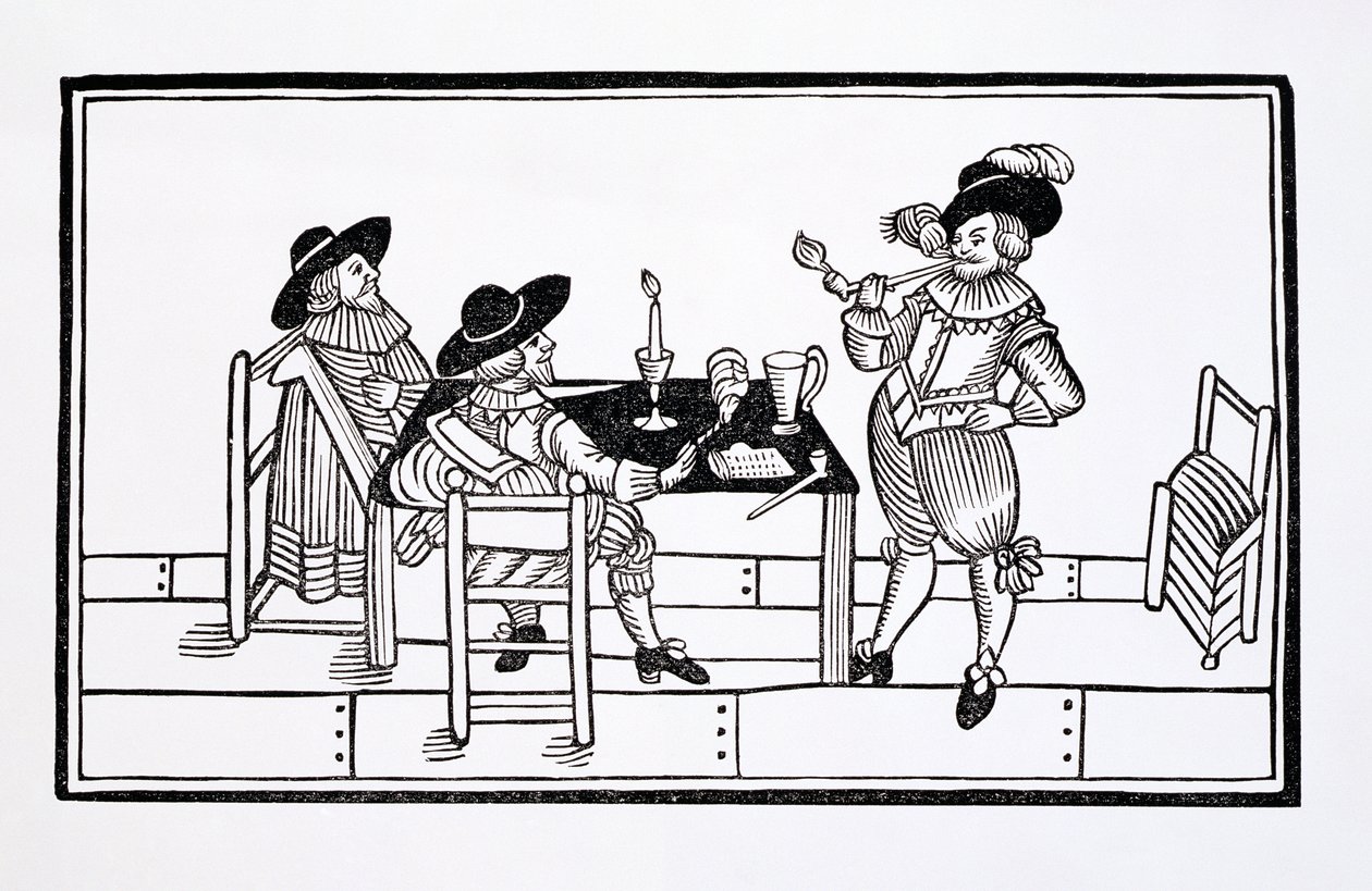 Vintners in a Tudor ale house ، من عريضة الصحة إلى الجميع ، 1642 بواسطة مدرسة اللغة الإنجليزية