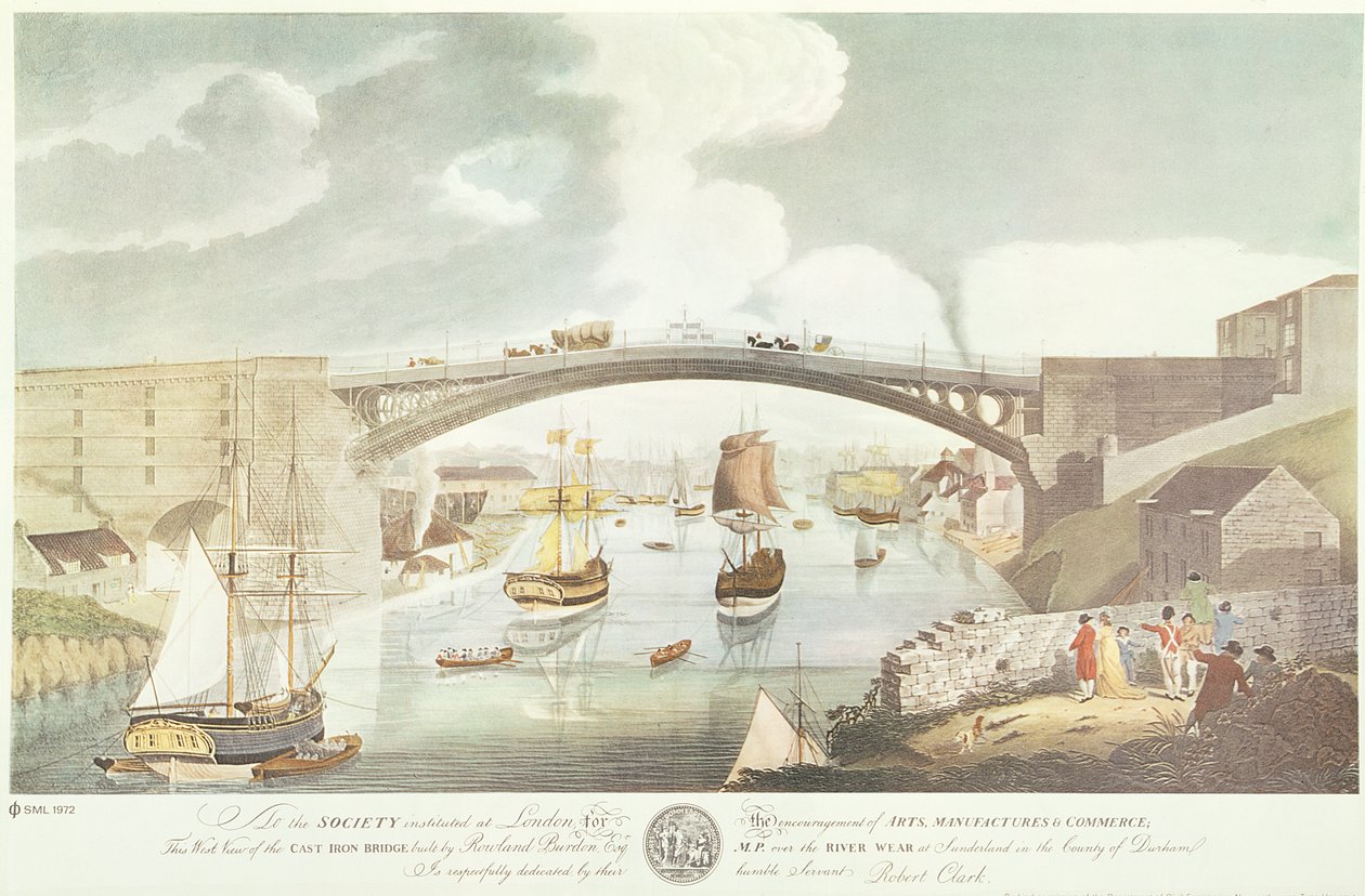 منظر غربي لجسر الحديد الزهر الذي بناه Rowland Burdon Esq. ، MP ، فوق River Wear في Sunderland ، c.1796 (نقش ملون باليد) بواسطة مدرسة اللغة الإنجليزية