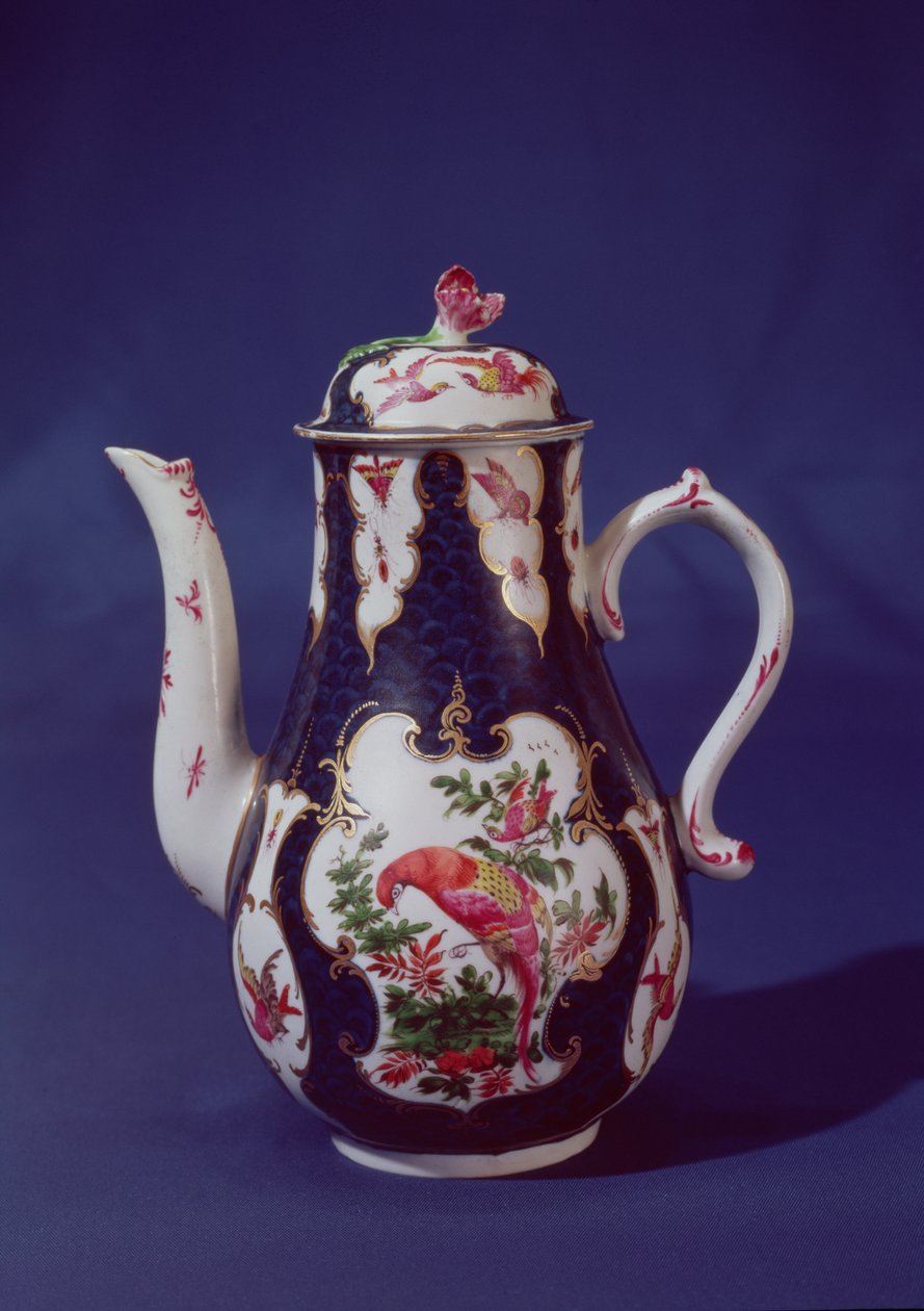 إبريق قهوة ورسيستر ، مزين بطيور الجنة ، c.1750 (بورسلين) بواسطة مدرسة اللغة الإنجليزية