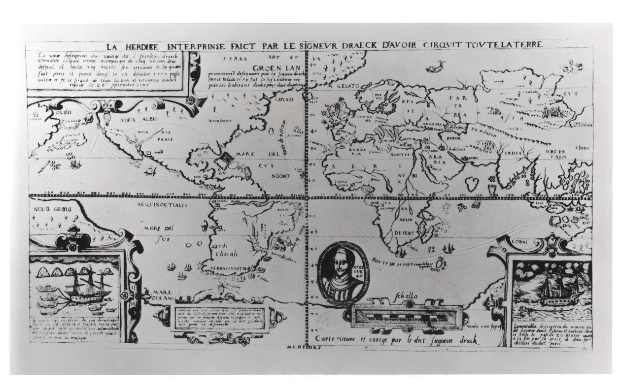 خريطة العالم التي تصف بالتفصيل الرحلات والملاحة العالمية للسير فرانسيس دريك (c.1540-96) 1577-2580 بواسطة مدرسة اللغة الإنجليزية