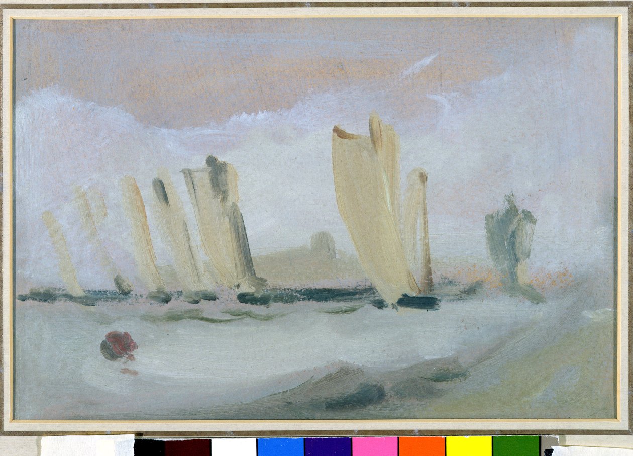 سباق اليخوت على Solent ، المنسوب سابقًا إلى JMW Turner (1775-1851) ومنسوبًا أيضًا إلى Peter de Wint (1784-1849) ، c.1827 (زيت على ورق) بواسطة مدرسة اللغة الإنجليزية