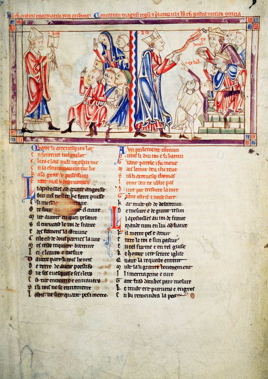 f.2 ينطق LtoR Thomas a Becket حكم الطرد على أعدائه ويجادل في قضيته أمام الملك هنري الثاني ملك إنجلترا ، والملك لويس السابع ملك فرنسا ، من أوراق بيكيت ، من 1220 إلى 40 بواسطة مدرسة اللغة الإنجليزية