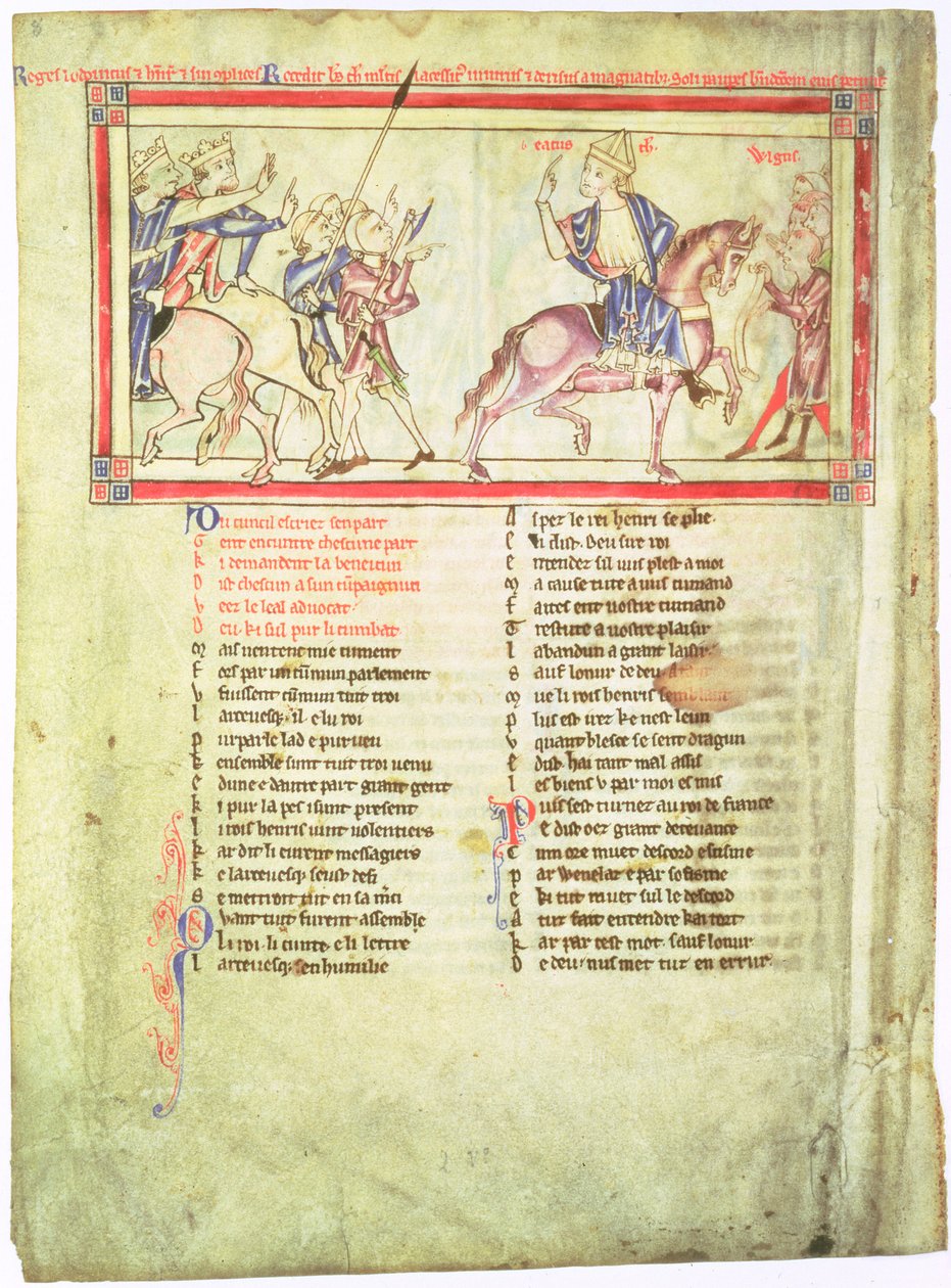 f.2v يغادر Thomas a Becket من الملك هنري الثاني ملك إنجلترا ولويس السابع ملك فرنسا ، بعد انهيار المفاوضات في Montmirail وينضم إلى عامة الناس ، من أوراق Becket ، c.1220-40 بواسطة مدرسة اللغة الإنجليزية