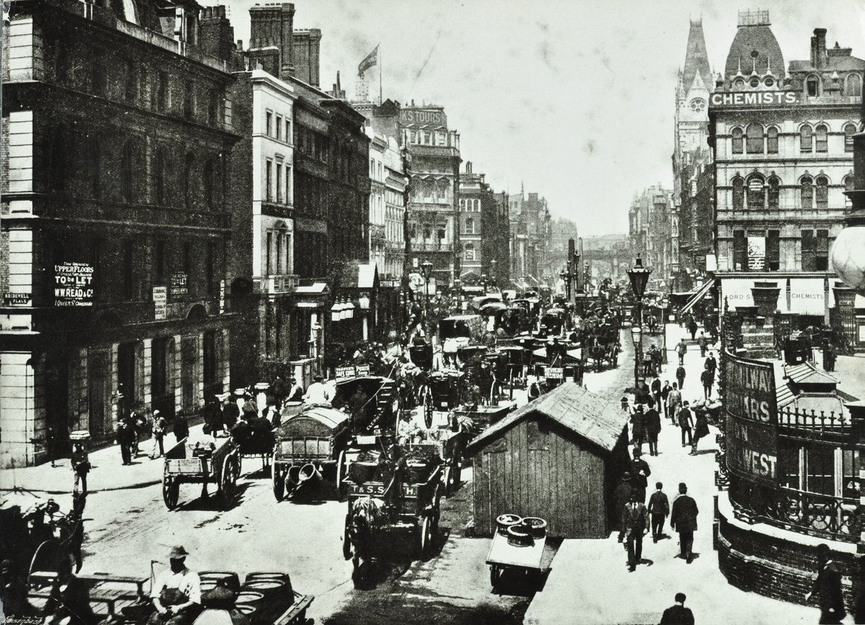 شارع نيو بريدج ، يتطلع إلى سيرك لودجيت ، مدينة لندن ، 1890 بواسطة مصور انجليزى
