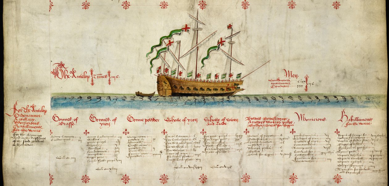 (السفينة الرابعة قيد التشغيل) "The Antelope" ، تم إطلاقه في عام 1546 من "The Anthony Roll" بواسطة مدرسة اللغة الإنجليزية
