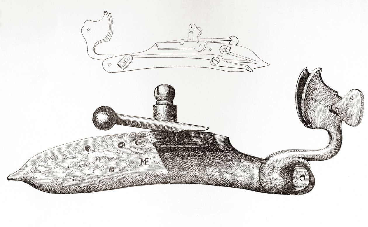 القرن السابع عشر Matchlock. آلية أو قفل يستخدم لإطلاق سلاح ناري محمول باليد ، من الجيش البريطاني: أصوله ، تقدمه ومعداته ، نُشر عام 1868. بواسطة مدرسة اللغة الإنجليزية