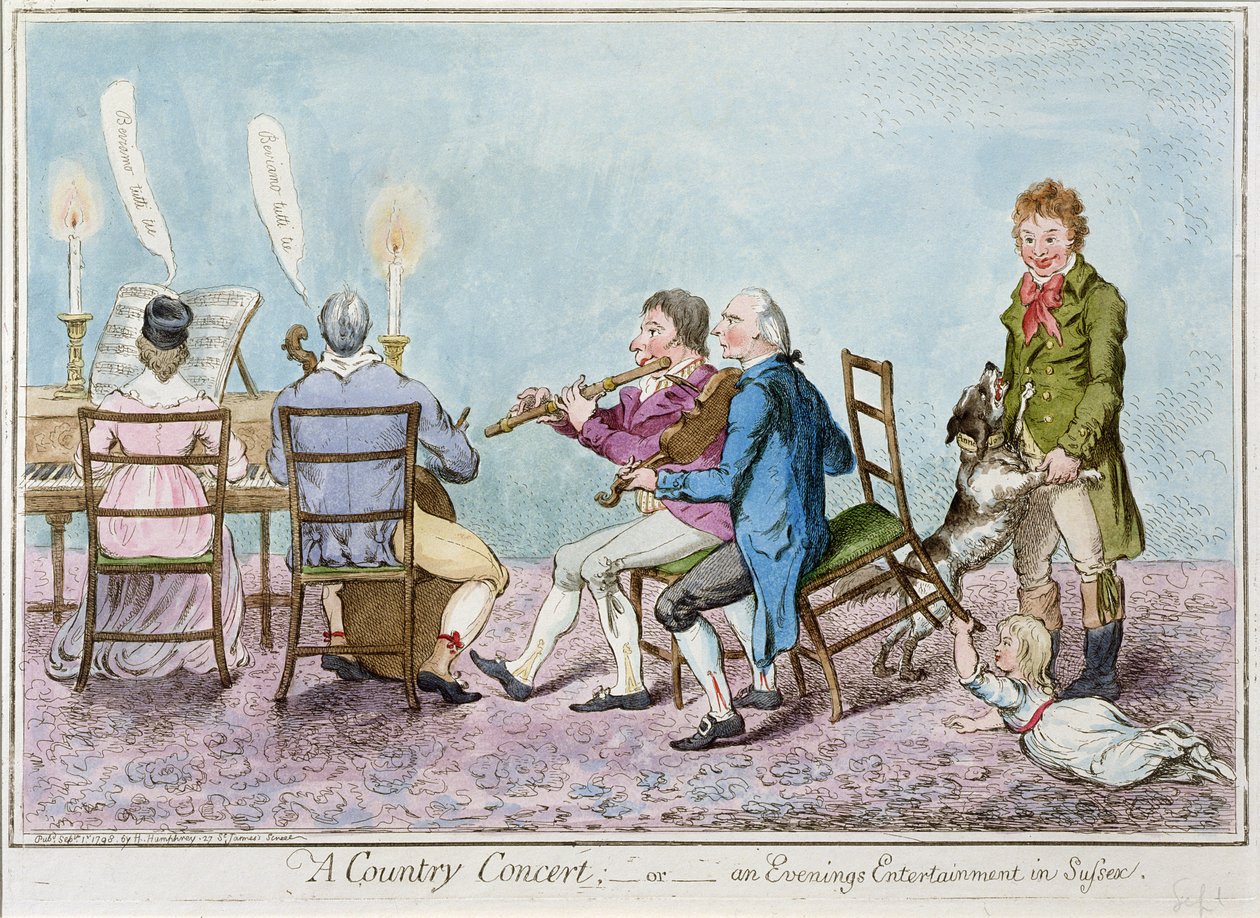 حفل موسيقى الريف ، أو الترفيه الليلي في ساسكس ، نشرته هانا همفري في عام 1798 (النقش اليدوي) بواسطة مدرسة اللغة الإنجليزية