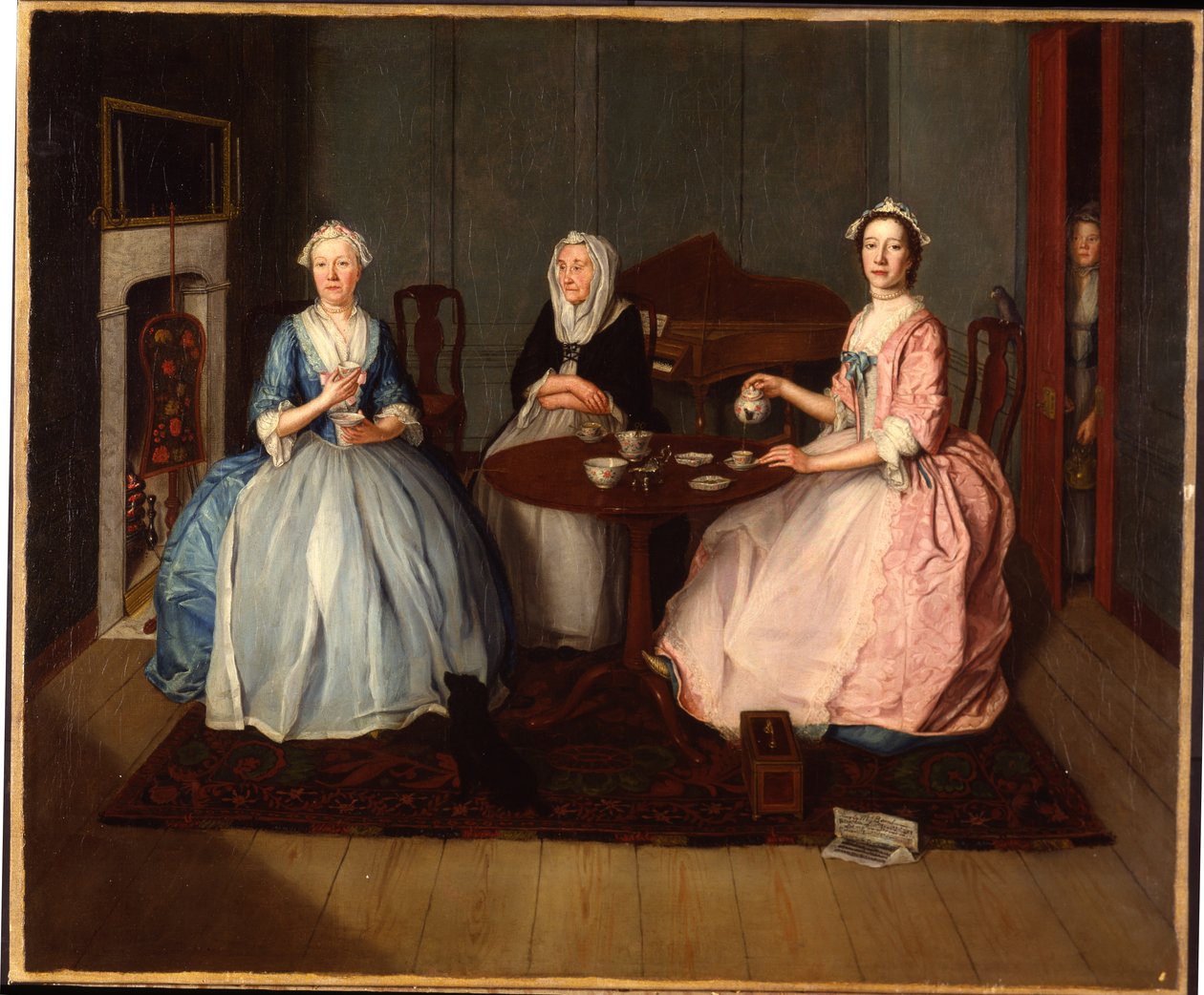 عائلة في تناول الشاي من الداخل ، c.1740 بواسطة مدرسة اللغة الإنجليزية