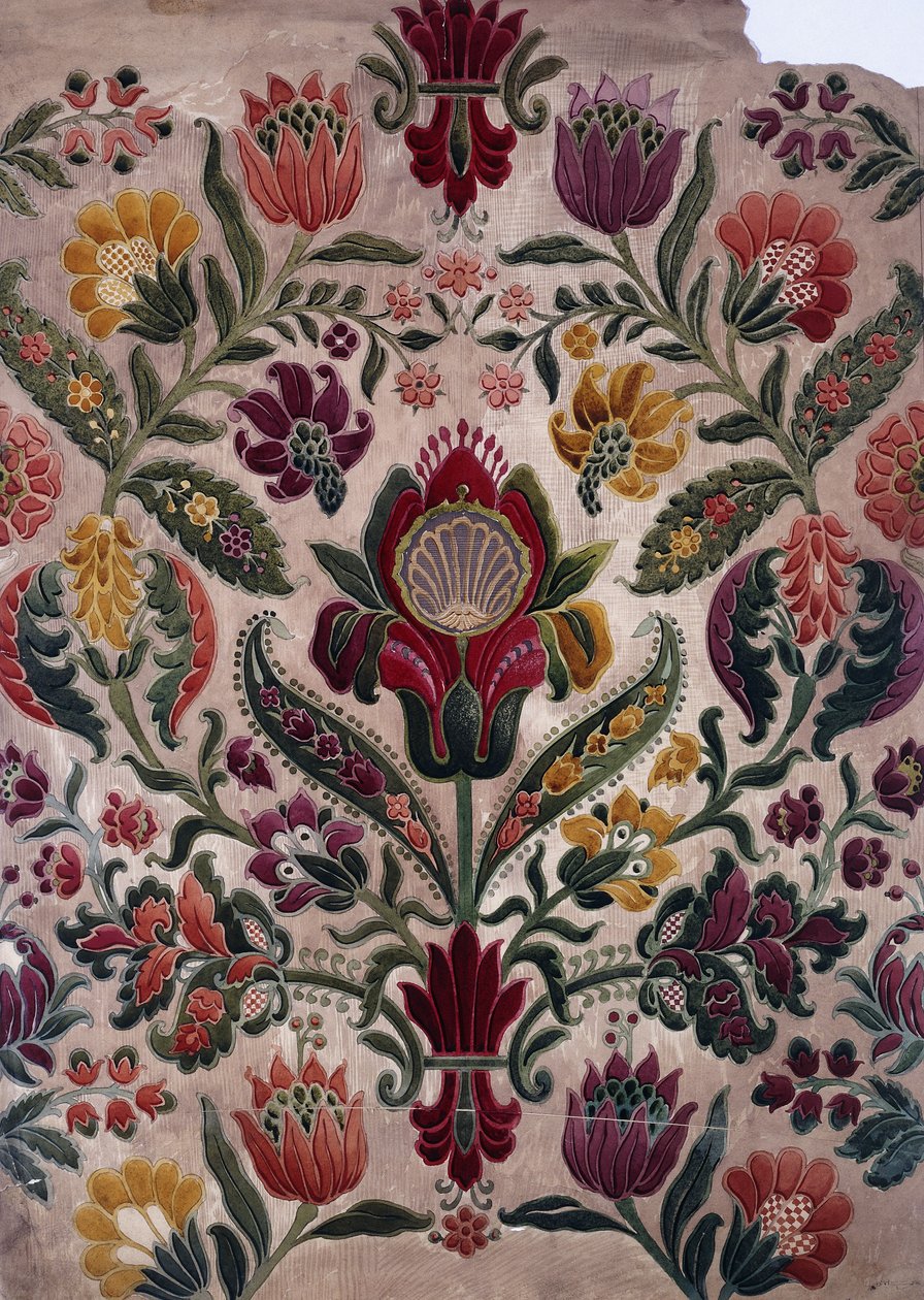 رسم كاريكاتوري بالألوان الكاملة للنسيج أو الحرير أو ورق الحائط ، c.1830-40 بواسطة مدرسة اللغة الإنجليزية