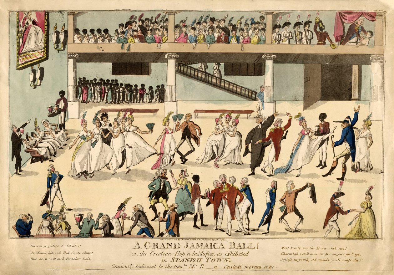 A Grand Jamaica Ball أو Cerulean Hop a la Muftee في سبانيش تاون ، حانة. 1802 (نقش ملون يدوي) بواسطة مدرسة اللغة الإنجليزية