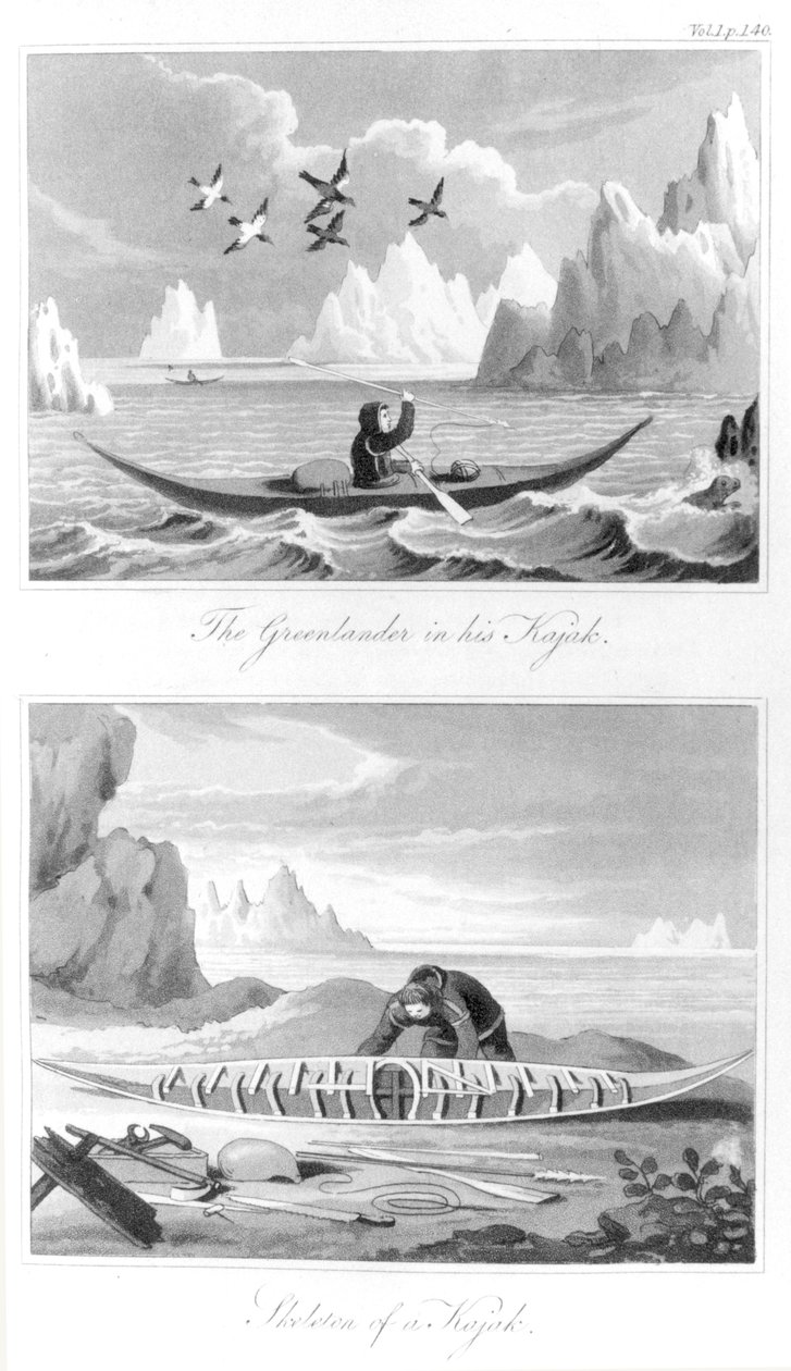 غرينلاندر وزوارق كاياك ، من تاريخ غرينلاند بقلم ديفيد كرانتز ، 1820 بواسطة مدرسة اللغة الإنجليزية