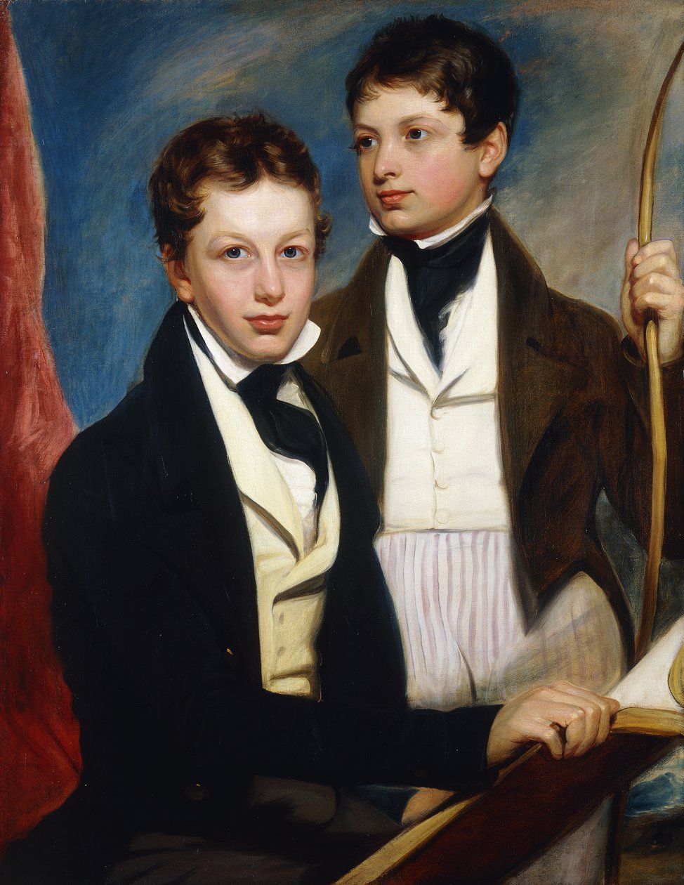 صورة جماعية لـ Musgrave Morris Boys ، واحد جالس نصف طول في سترة داكنة ، يحمل كتابًا ، والآخر يقف بثلاثة أرباعه في سترة داكنة ، يحمل القوس ، c.1830 بواسطة مدرسة اللغة الإنجليزية