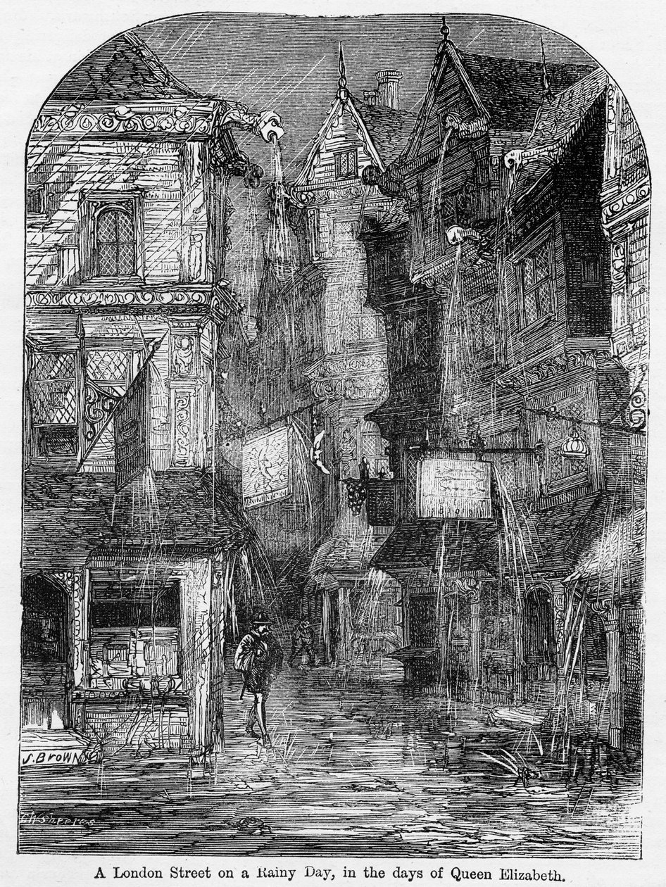 شارع لندن في يوم ممطر ، في أيام الملكة إليزابيث ، رسم توضيحي من `` تاريخ كاسيل المصور لإنجلترا &39;&39; لجون كاسيل ، نشر 1857 بواسطة مدرسة اللغة الإنجليزية