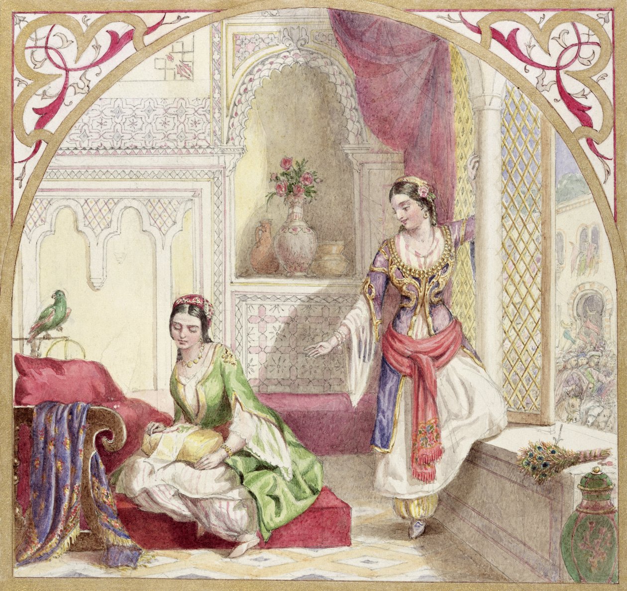 الداخلية المغاربية مع امرأتين ، c.1840 (مرحاض على ورق) بواسطة مدرسة اللغة الإنجليزية