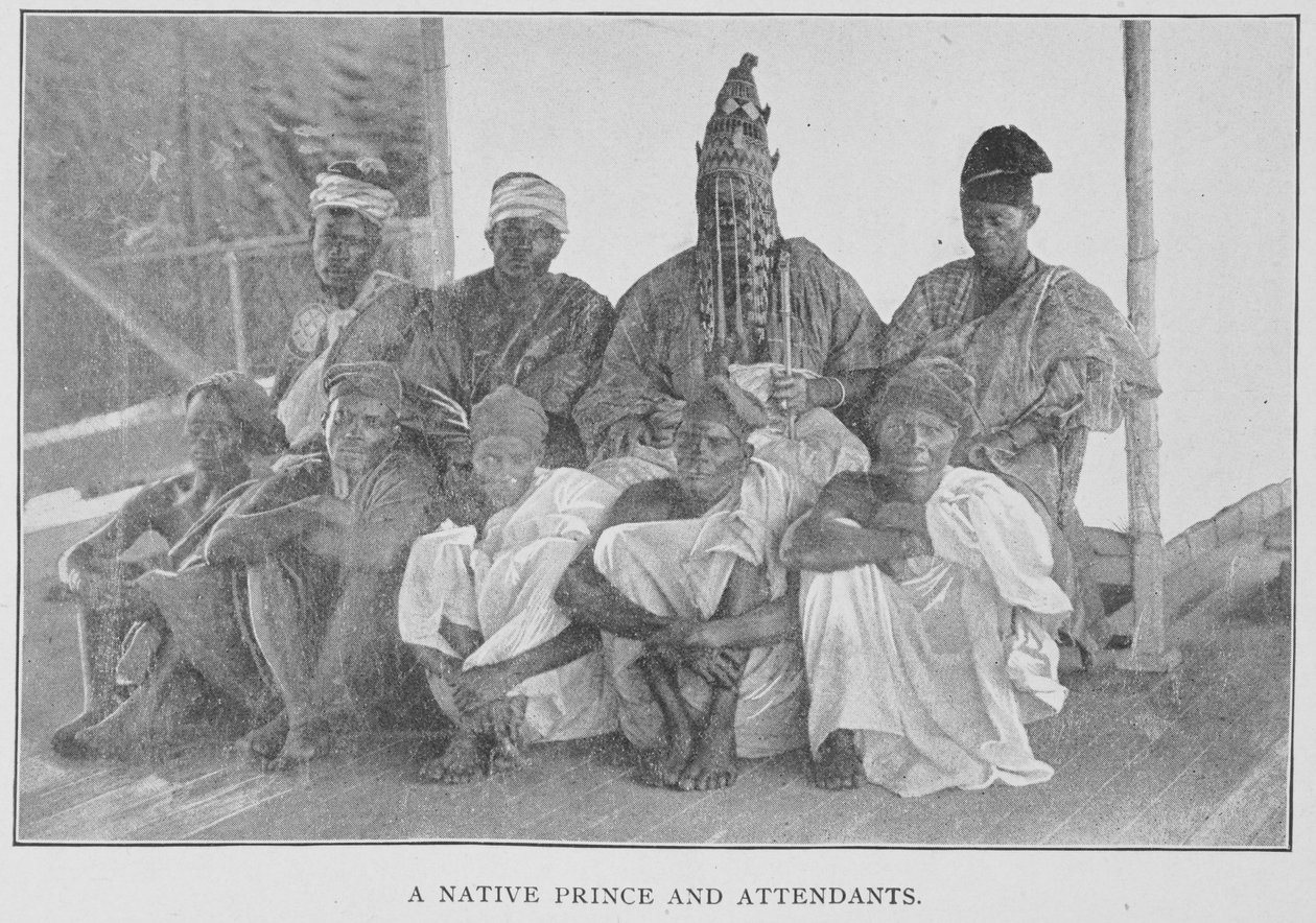 أمير ومرافقون أصليون ، رسم توضيحي من "في الغابة الأفريقية والغابة: أو ست سنوات بين اليوروبين" ، بقلم القس ريتشارد إتش ستون ، حوالي 1899 (طباعة ضوئية ميكانيكية) بواسطة مدرسة اللغة الإنجليزية