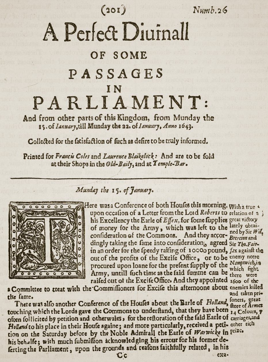 A Diurnall مثالي ، فاكس الصفحة الأولى من الإصدار 26 ، 1643 ، رسم توضيحي من Cassells Illustrated History of England (sepia photo) بواسطة مدرسة اللغة الإنجليزية