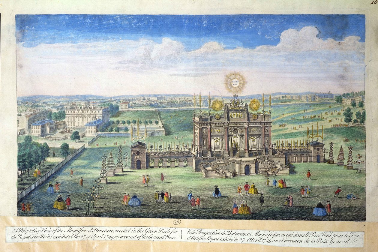 نظرة منظورية للهيكل الرائع الذي أقيم في الحديقة الخضراء للألعاب النارية الملكية ، 1749 بواسطة مدرسة اللغة الإنجليزية