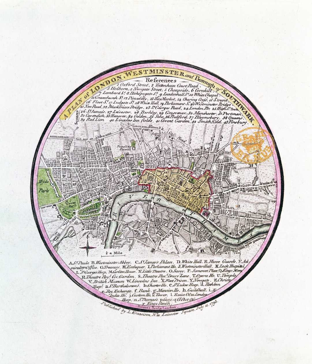 خطة لندن ، وستمنستر وبورو من ساوثوارك ، 1793 (النقش اليدوي) بواسطة مدرسة اللغة الإنجليزية