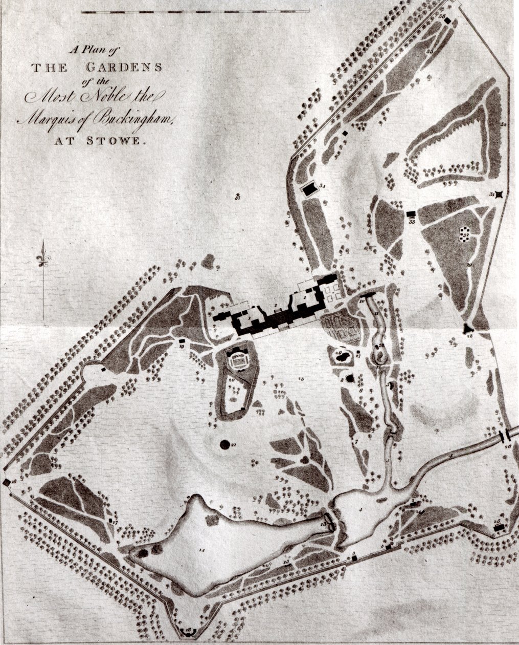 خطة حدائق ماركيز أنبل من باكنغهام في ستو ، من كتاب دليل الزوار ، المنشور في عام 1797 (انظر 140582 لخطة تشارلز بريدجمان السابقة) بواسطة مدرسة اللغة الإنجليزية