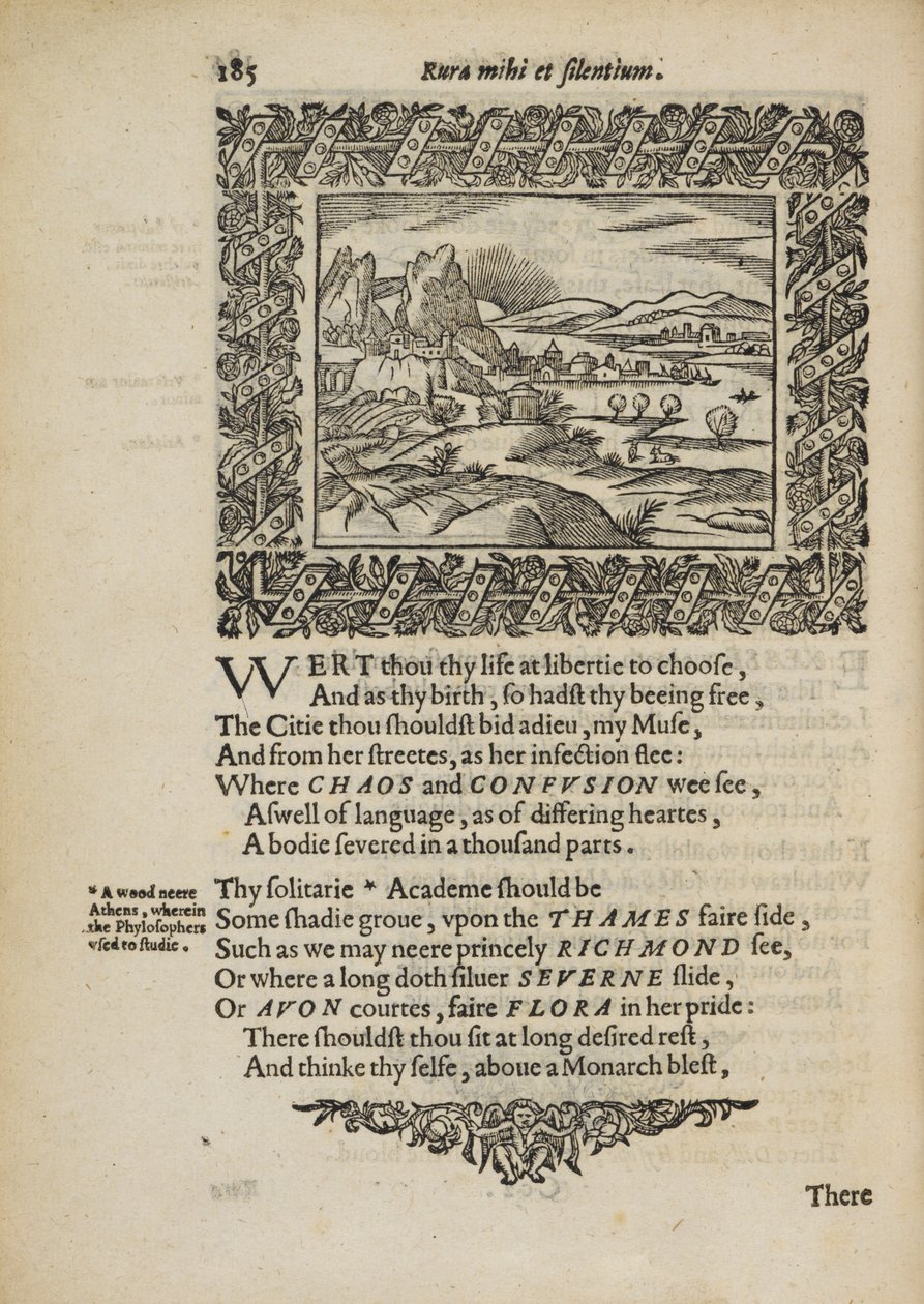 مشهد ريفي مع قصيدة "Rura Mihi et Silentium" ، رسم توضيحي من "Minerva Britanna ..." بقلم هنري بيتشام الأصغر بواسطة مدرسة اللغة الإنجليزية
