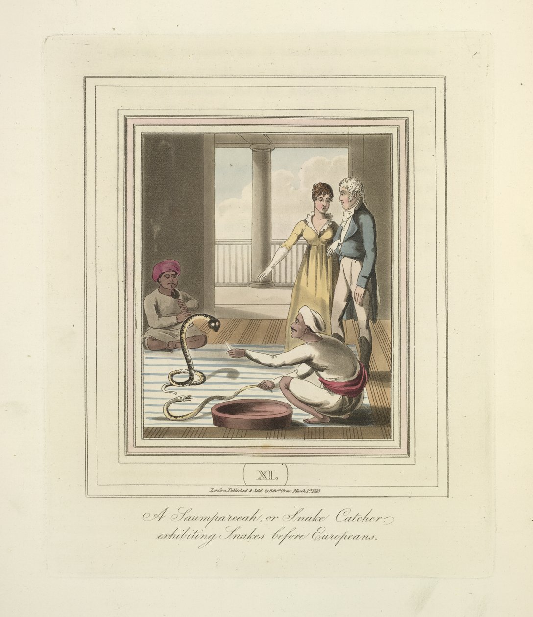 Saumpareeah أو Snake Catcher يعرض الثعابين قبل الأوروبيين ، حوالي 1824 (لون ليثو) بواسطة مدرسة اللغة الإنجليزية