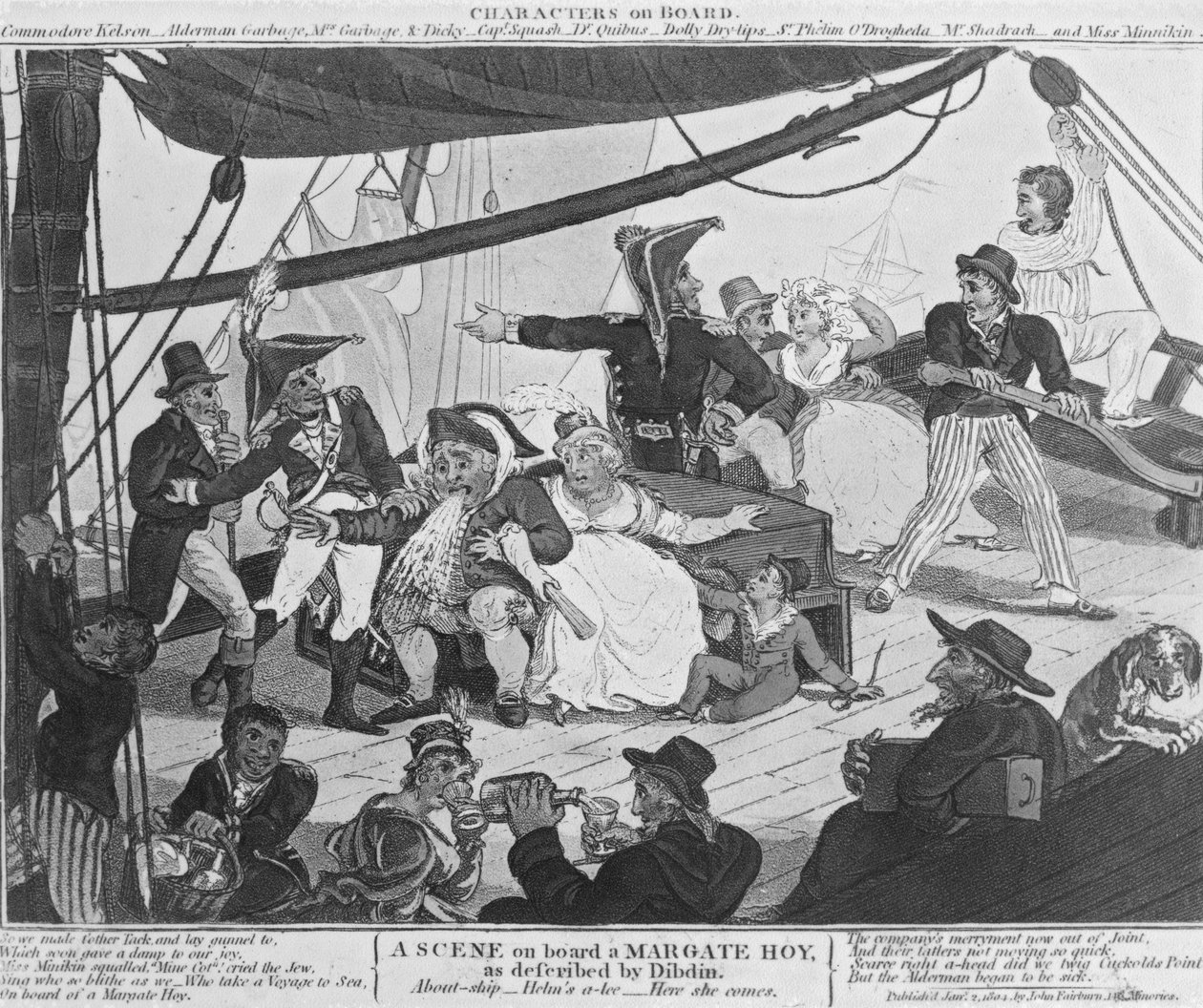 مشهد على متن Margate Hoy ، كما وصفه Dibdin ، 1804 (النقش الملون يدويًا) بواسطة مدرسة اللغة الإنجليزية
