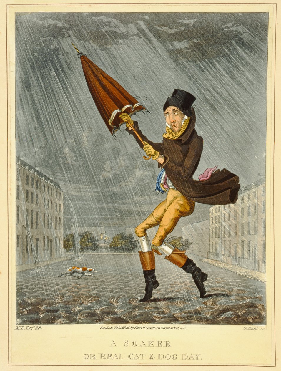 A Soaker or Real Cat and Dog Day ، منقوش بواسطة G. Hunt ، نشرها Thomas McLean ، لندن ، 1827 (النقش الملون) بواسطة مدرسة اللغة الإنجليزية