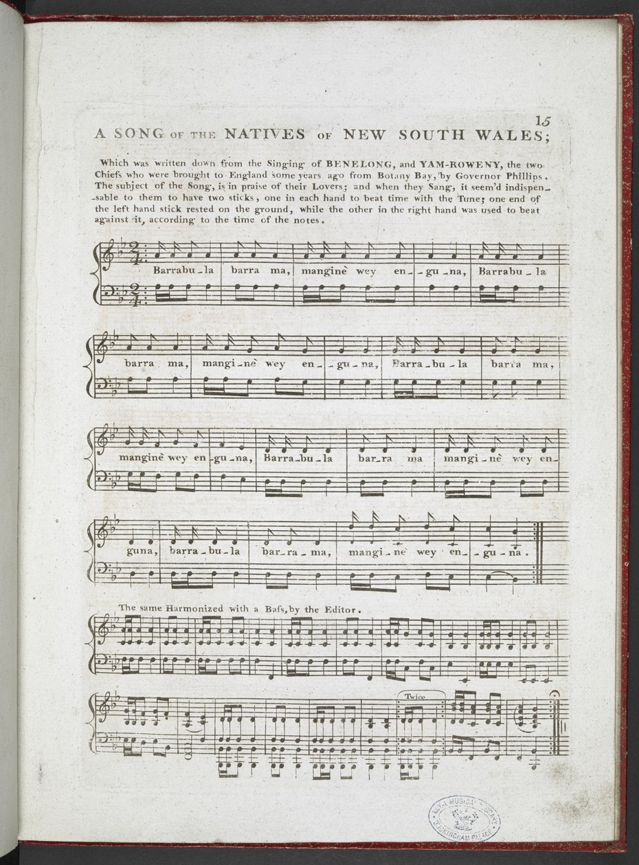 "أغنية من سكان نيو ساوث ويلز الأصليين" ، من "Musical Curiosities" ؛ أو مجموعة مختارة من الأغاني الوطنية والهواءات الأكثر تميزًا ... "، بقلم إدوارد جونز 1811 (ليثو) بواسطة مدرسة اللغة الإنجليزية