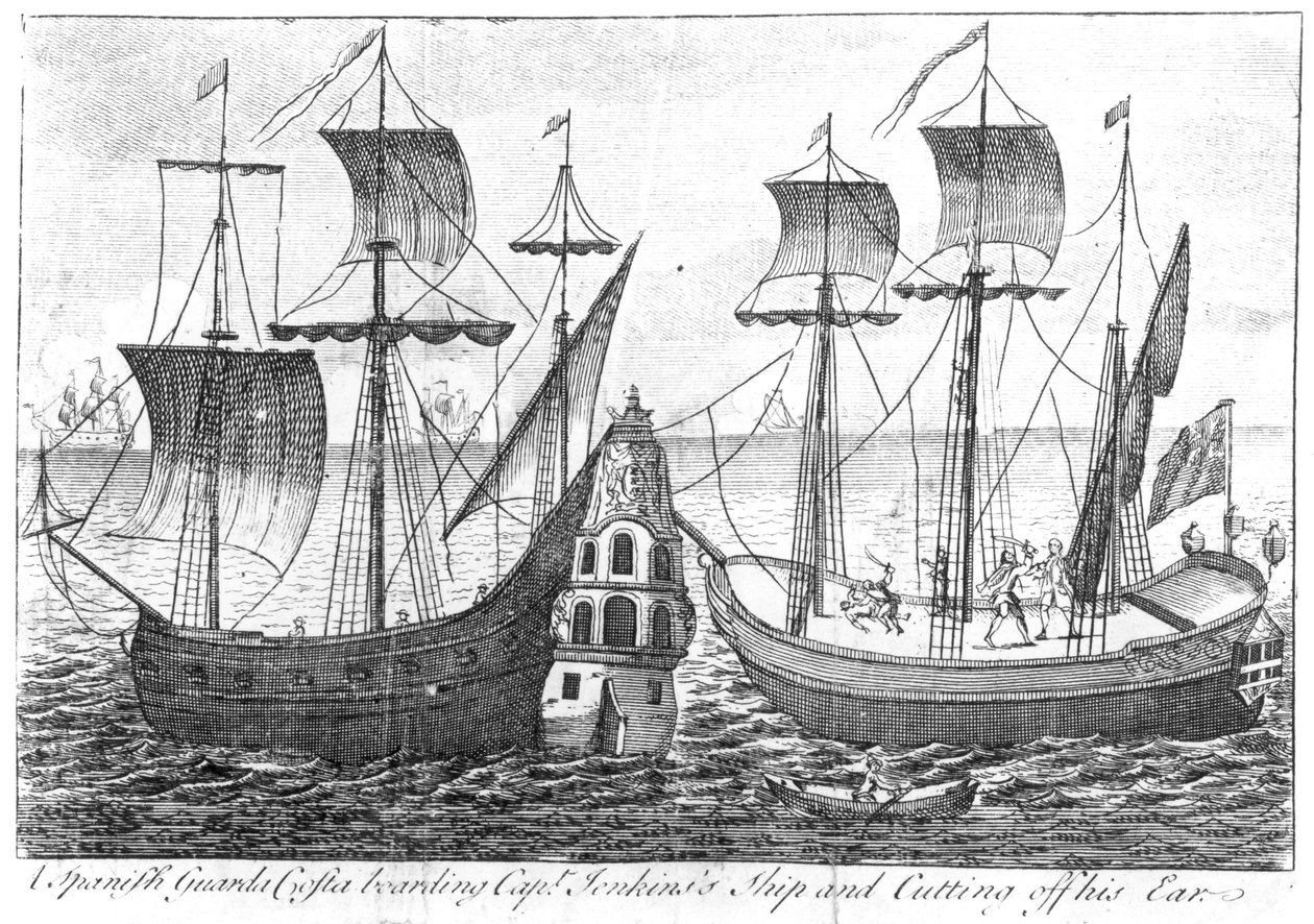 إسباني &39;Guarda Costa&39; (خفر السواحل) يركب سفينة الكابتن جينكين ويقطع أذنه ، 1731 بواسطة مدرسة اللغة الإنجليزية