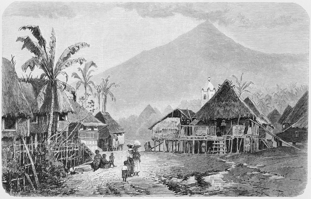 قرية تاجال ، لوزون في الفلبين ، من "تاريخ البشرية" ، المجلد 1 ، للأستاذ فريدريش راتزيل ، 1896 (النقش) بواسطة مدرسة اللغة الإنجليزية