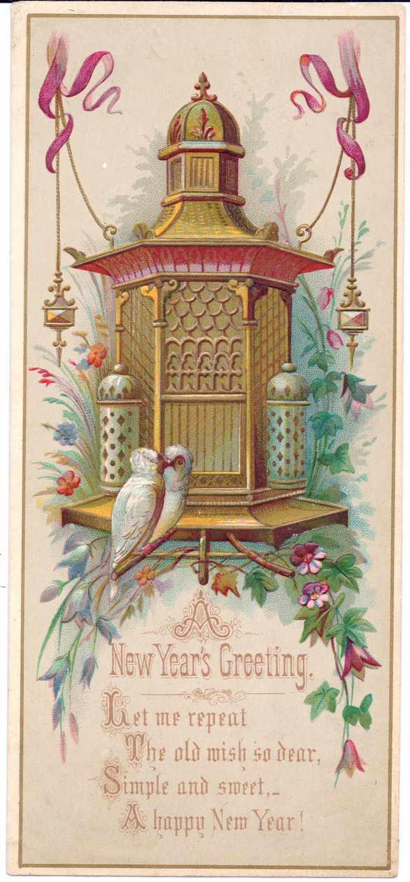 بطاقة عيد الميلاد الفيكتورية التي تصور قفص العصافير مع زوج من طيور الحب ، حوالي عام 1880 بواسطة مدرسة اللغة الإنجليزية