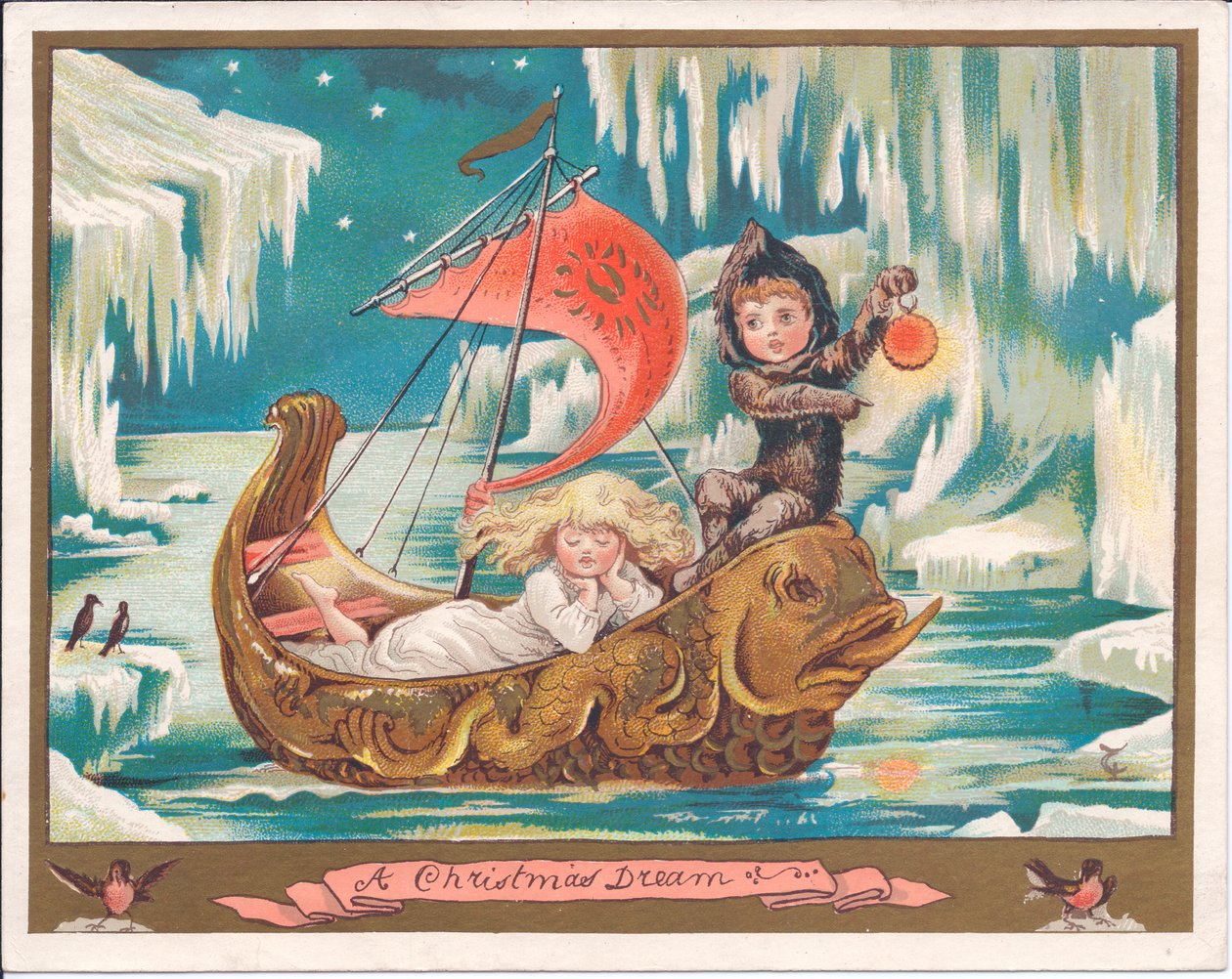 A Victorian Christmas card of a girl fairy asleep in an ornate dolphin boat on a frozen sea while a boy fairy is holding a lamp, c.1880 (colour litho) بواسطة مدرسة اللغة الإنجليزية