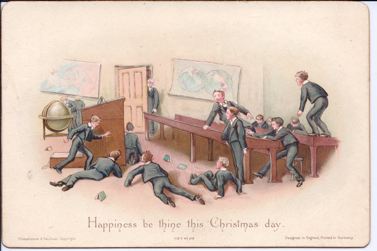 A Victorian Christmas card of a headmaster looking at unruly boys in a classroom, c.1880 (colour litho) بواسطة مدرسة اللغة الإنجليزية