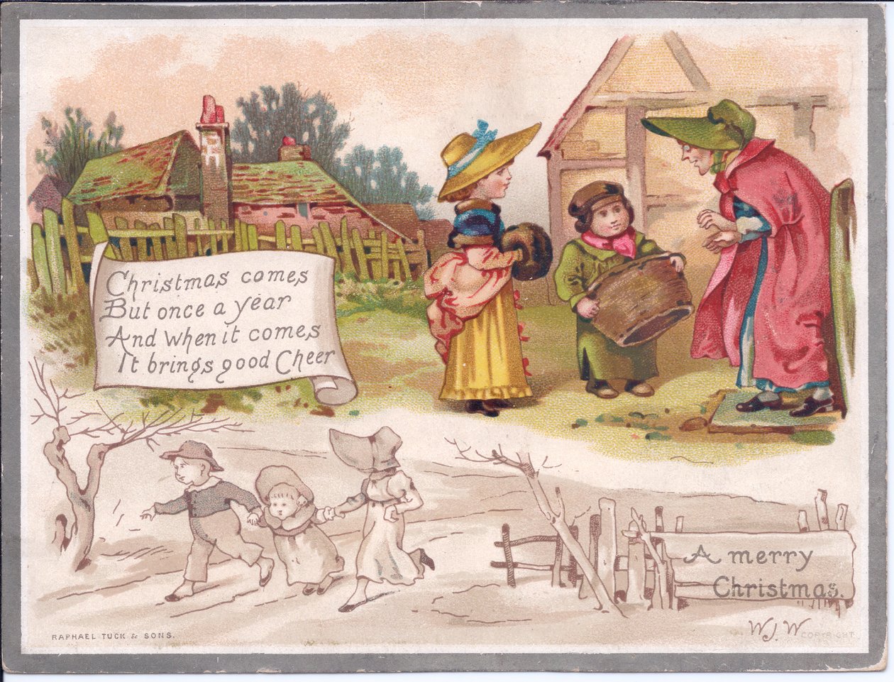 A Victorian Christmas card of an elderly woman with two children at a farm, c.1880 (colour litho) بواسطة مدرسة اللغة الإنجليزية