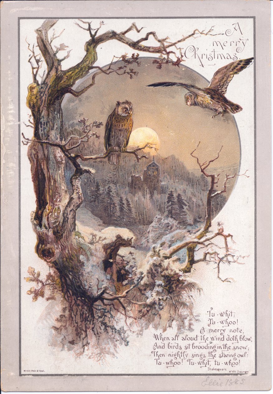 A Victorian Christmas card of an owl perched on a branch on a moonlit night, c.1880 (colour litho) بواسطة مدرسة اللغة الإنجليزية