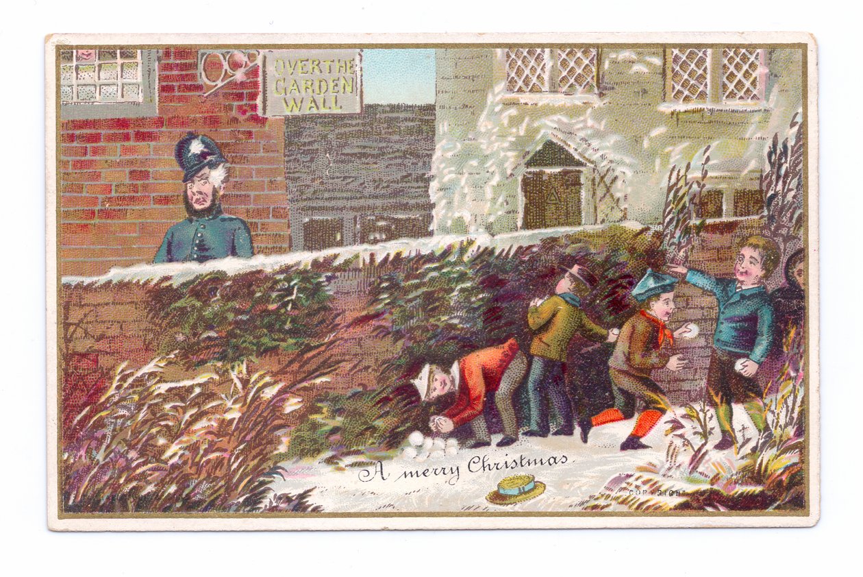A Victorian Christmas card of boys hiding behind a brick wall throwing a snowball at a policeman, c.1880 (colour litho) بواسطة مدرسة اللغة الإنجليزية