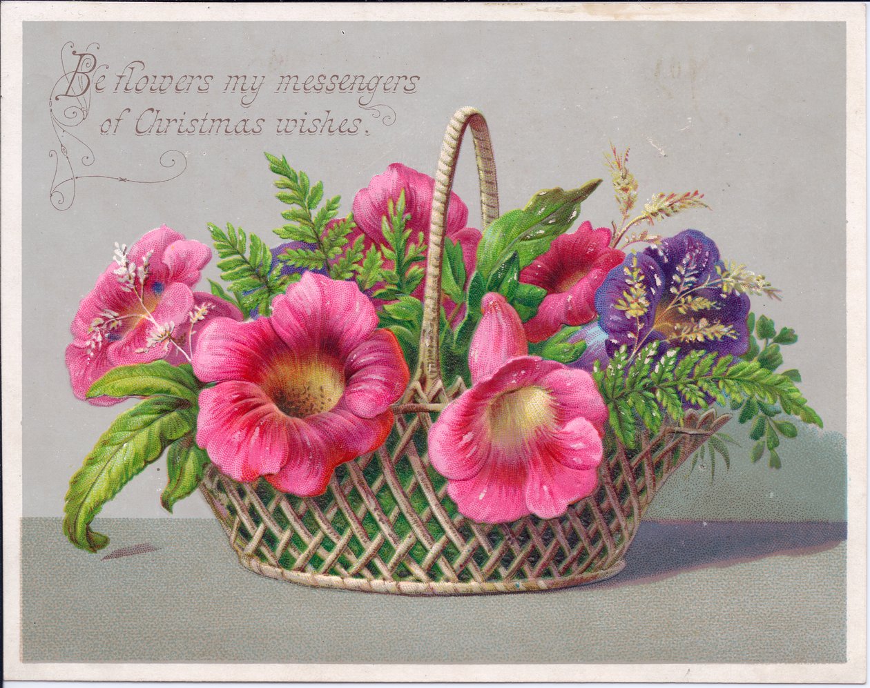 A Victorian Christmas card of flowers in a wicker basket, c.1880 (colour litho) بواسطة مدرسة اللغة الإنجليزية