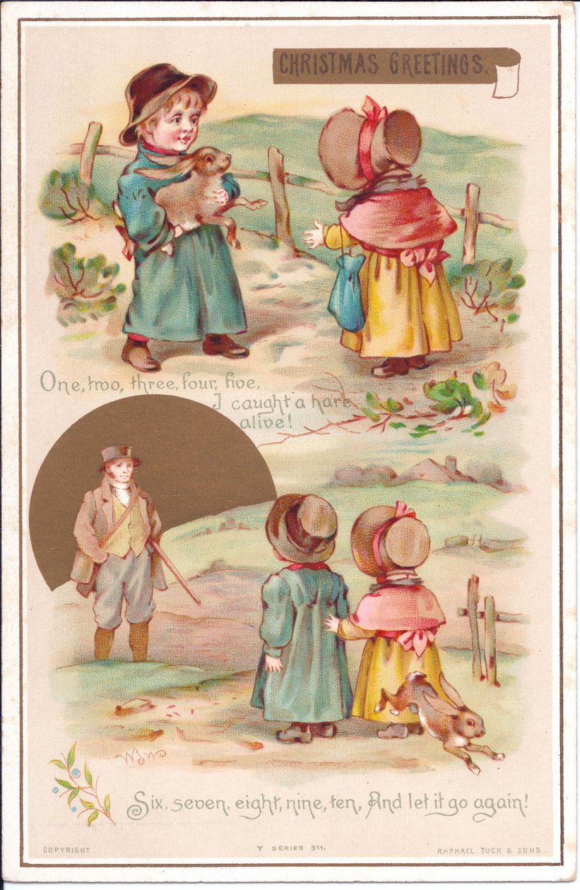 A Victorian Christmas card of two children with a hare, c.1880 (colour litho) بواسطة مدرسة اللغة الإنجليزية