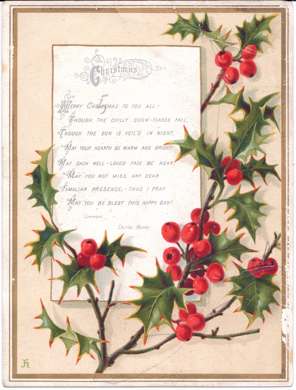 بطاقة عيد الميلاد الفيكتوري مع رذاذ كبير من هولي والآية ، c.1880 بواسطة مدرسة اللغة الإنجليزية
