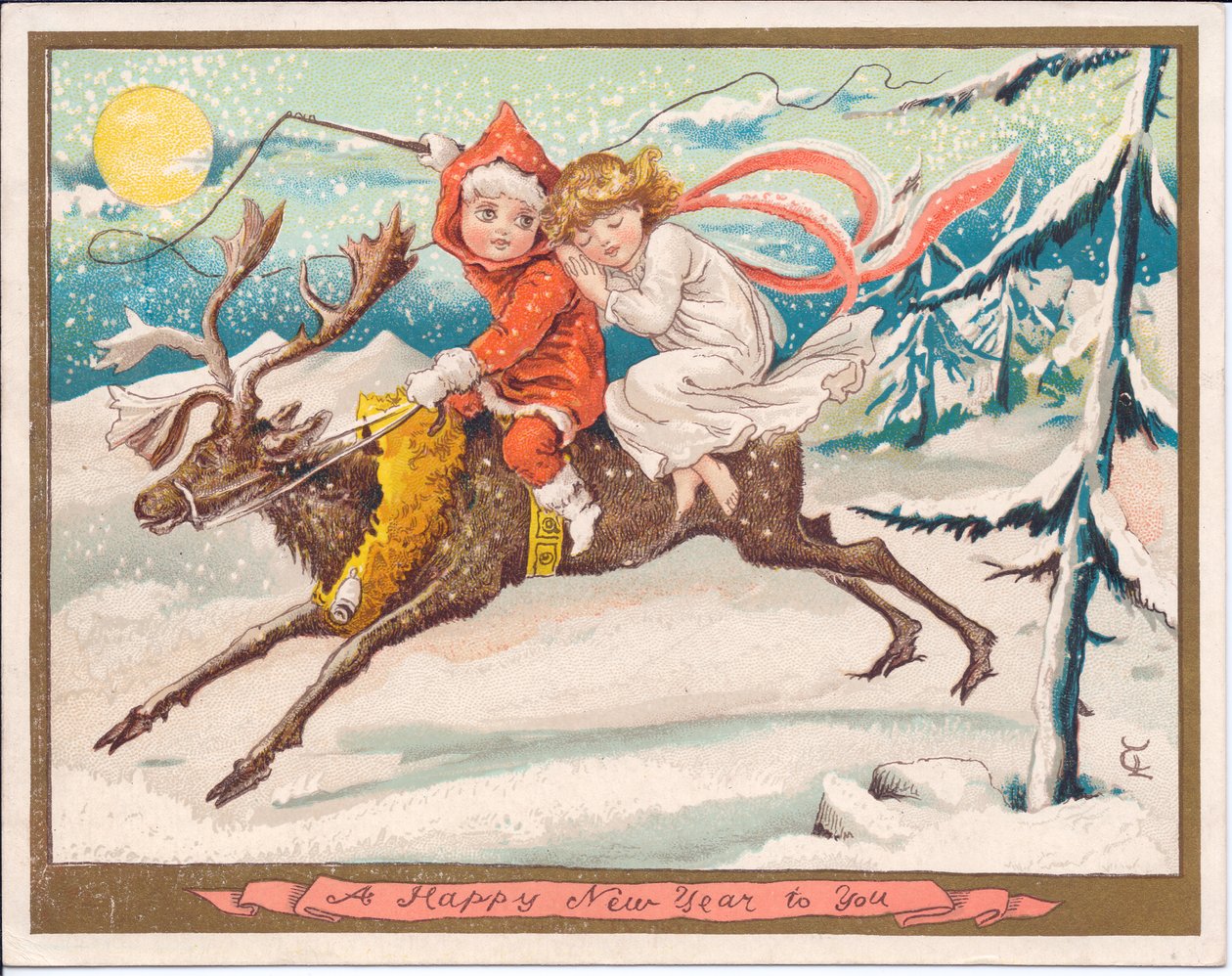 A Victorian New Year card of a girl and boy fairy astride a reindeer on a moonlit snowy night, c.1880 (colour litho) بواسطة مدرسة اللغة الإنجليزية