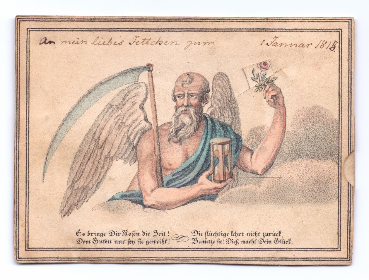 A Victorian greeting card of the grim reaper with a scythe and hourglass holding a rose, c.1815 (colour litho) بواسطة مدرسة اللغة الإنجليزية