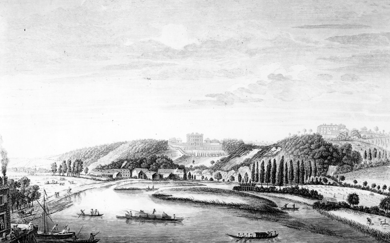 منظر من منزل كليفيدن مأخوذ من جسر مايدنهيد ، ج .1780 بواسطة مدرسة اللغة الإنجليزية