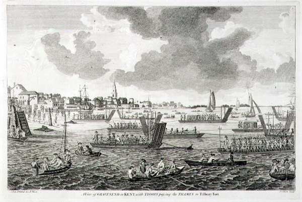 منظر ل Gravesend في كنت ، مع مرور القوات بنهر التايمز إلى حصن تيلبوري (نقش) بواسطة مدرسة اللغة الإنجليزية