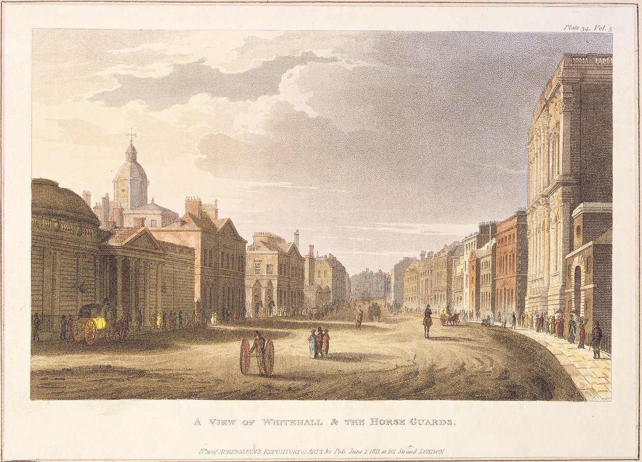 منظر لـ Whitehall و The Horse Guards ، من مستودع الفنون في أكرمان ، ١ يونيو ١٨١١ بواسطة مدرسة اللغة الإنجليزية