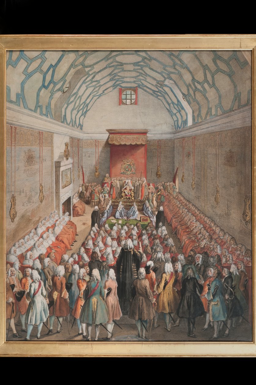 منظر لمجلس اللوردات ، نقشه بنيامين كول (fl.1748-75) c.1755 (النقش الملون باليد) بواسطة مدرسة اللغة الإنجليزية