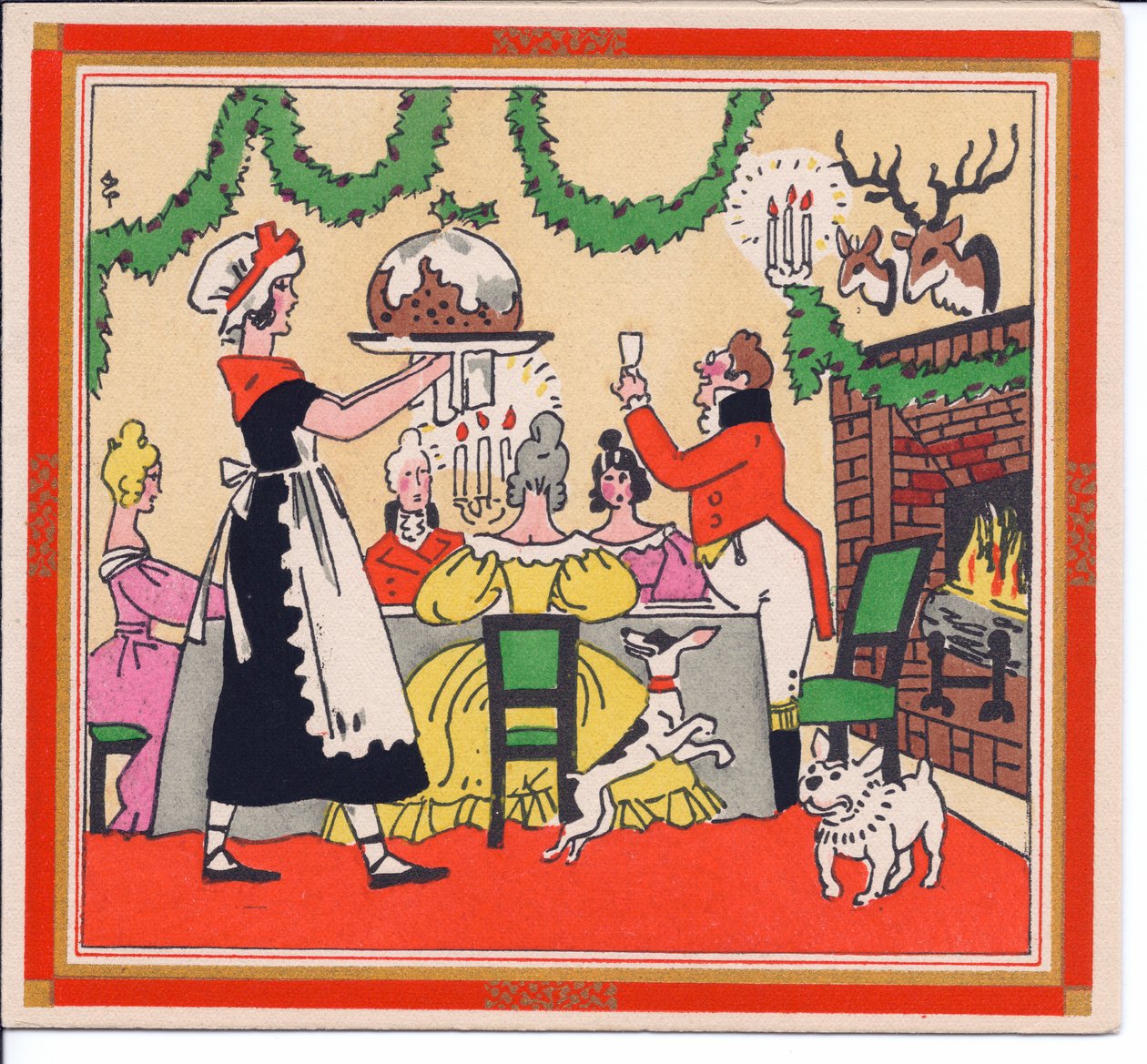 بطاقة PochoirChristmas الفرنسية الملونة باليد لخادمة تخدم حلوى عيد الميلاد ، حوالي 1920 بواسطة مدرسة اللغة الإنجليزية