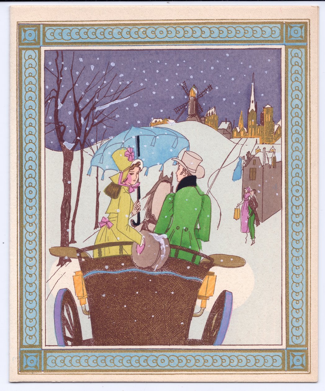 بطاقة عيد الميلاد Pochoir الفرنسية الملونة باليد لزوجين Rencecy في عربة مفتوحة يركبان الثلج ، حوالي 1920 بواسطة مدرسة اللغة الإنجليزية